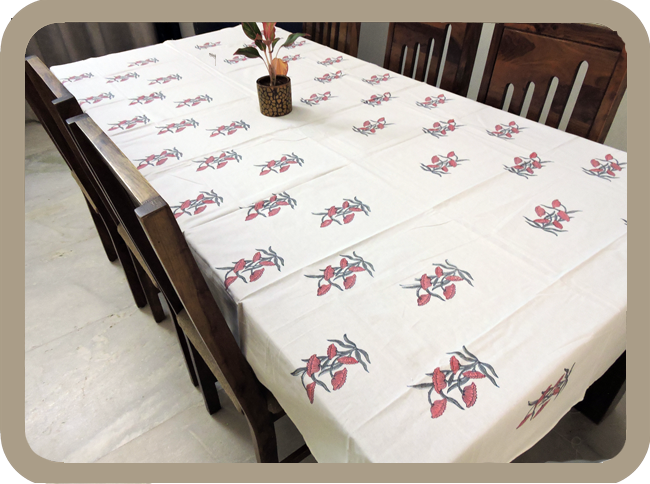 table cover sf.ao.red.1 Hand Block Printed Table Cover – Jaipur Collection – Red Floral - Image 1