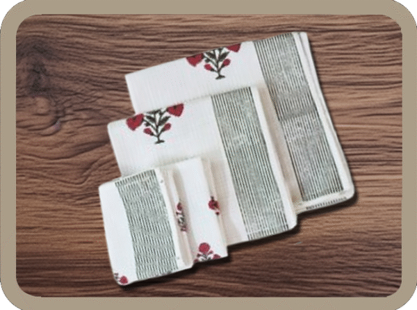 Special Block print Red Poppy Bath/Hand/Face Waffle Towel set