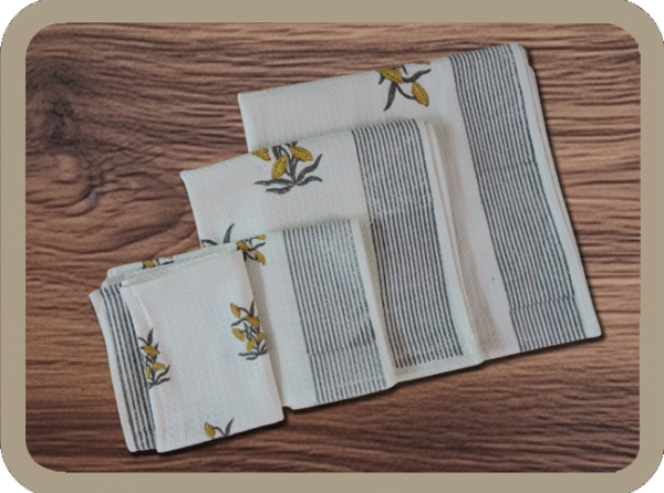 Special Block print Yellow Floral Bath/Hand/Face Waffle Towel set