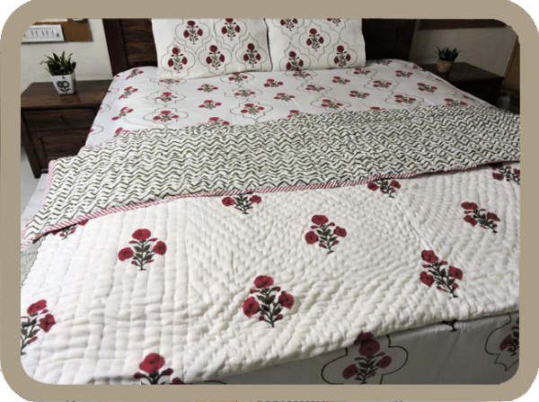 Hand block Printed Jaipuri Poppy Floral Mulmul Cotton Quilt / Razai for Double Bed