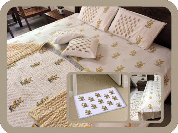Premium Hand block Printed Yellow Floral Bed room Set of 6 Pieces