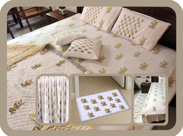 Premium Hand block Printed Yellow Floral Bed room Set of 10 Pieces