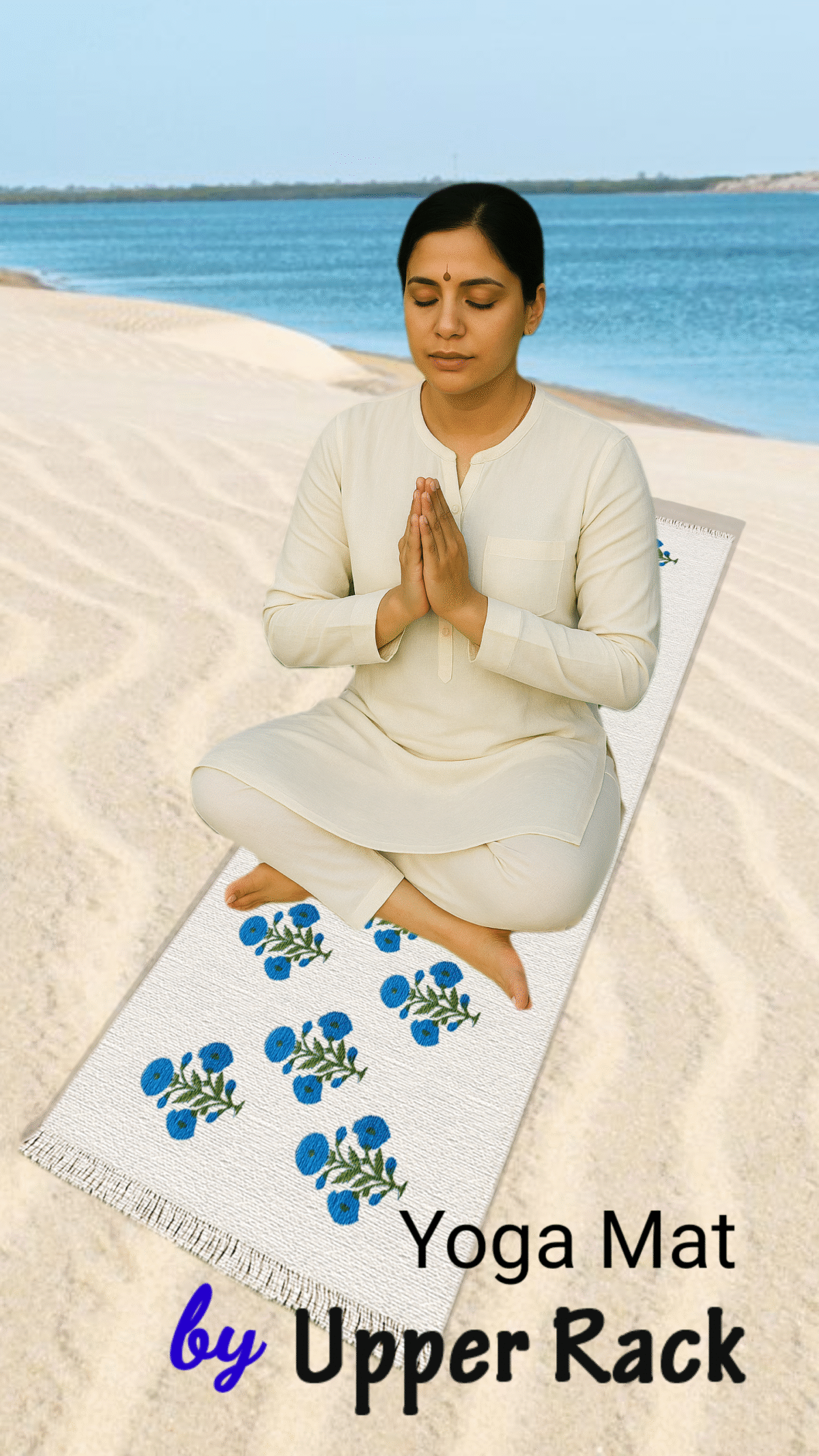 Premium Hand block Printed Yoga Mat - Poppy Blue - Image 2