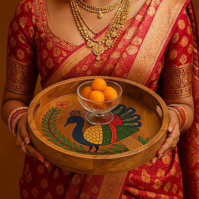 Royal Peacock Round Wooden Tray
